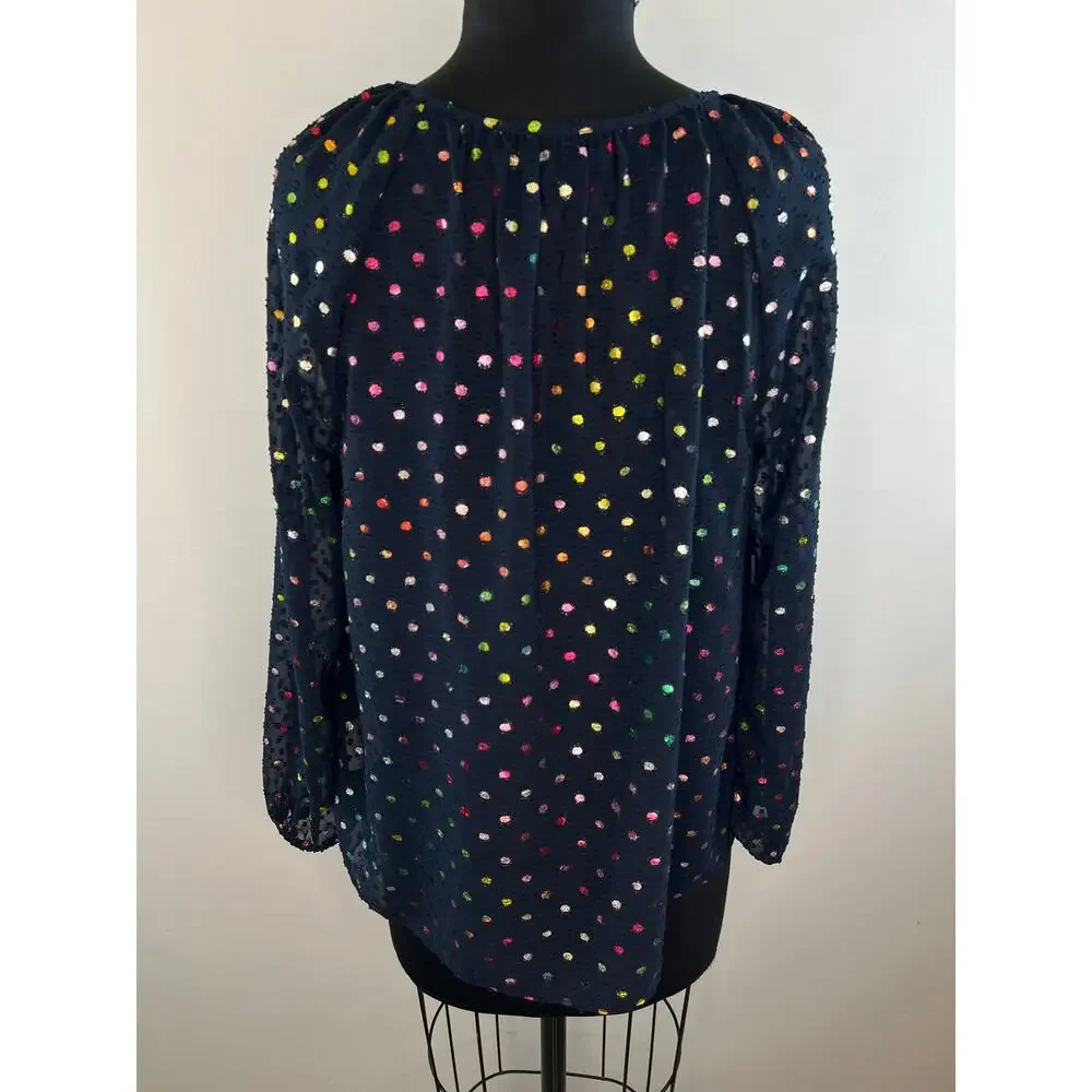 J. Crew Popover Long Sleeve Navy Blue Multi Rainbow Clip Dot Chiffon Blouse M